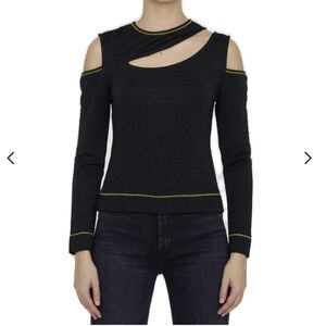Ganni Jacquard Cut-Out Long Sleeve Sweater Top Black Sz 6 NWT